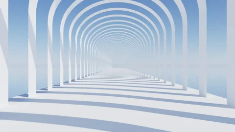 3D render of slow fly camera through white half round arch passage Stock Footage 249272199