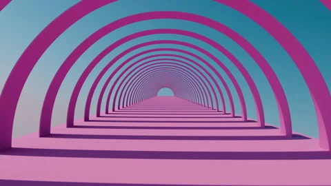 3D render of slow fly camera through pink round arch passage Stock Footage 249351691