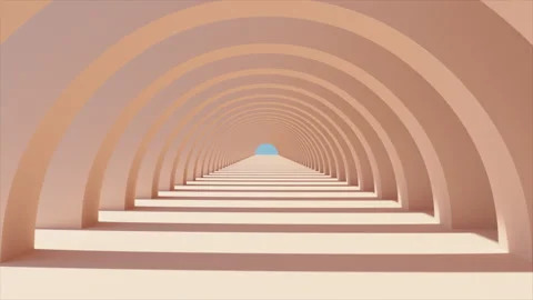 3D render of slow fly camera through round sand colored arch passage Stock Footage 249506709