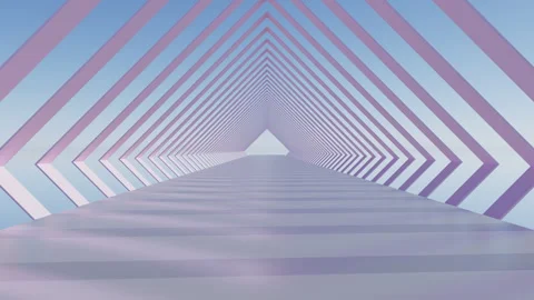 3D render of slow fly camera through light pink colored triangle arch passage Stock Footage 249626813