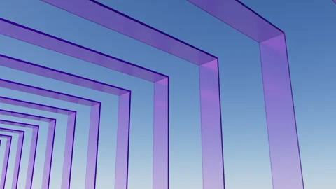 3D render of slow fly camera through glassy violet square arch passage Stock Footage 249750157