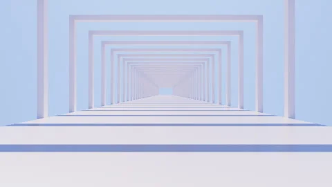 3D render of slow fly camera through light pink square archway Stock Footage 281494338