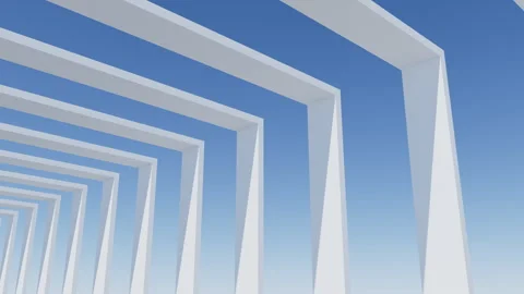 3D render of slow moving camera through white square constructions Stock Footage 250345184