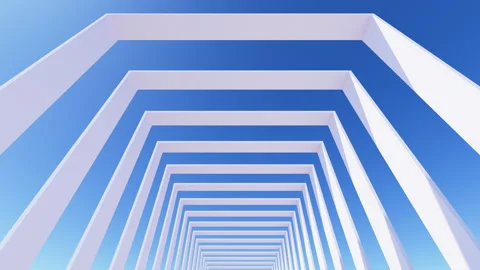 3D render of slow moving camera through white square constructions Stock Footage 250817313