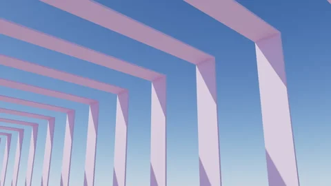 3D render of slow moving camera through pink square arches in day light Stock Footage 251297583
