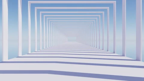 3D render of slow moving camera through light pink colored square arches Stock Footage 251655926