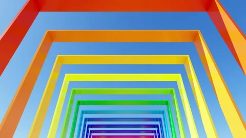 3D render of slow moving camera through rainbow colored square arches Stock Footage 251670818