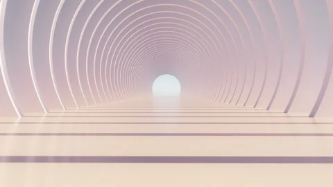 3D render of slow moving camera through light colored circle archway Stock Footage 258469083