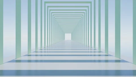 3D render of slow moving camera through light green square archway Stock Footage 258471919