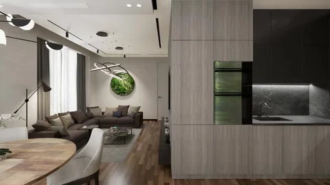 3D-render. A small apartment with a common space of living room Stock Footage 264116912