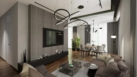 3D-render. A small apartment with a common space of living room Stock Footage 264116917