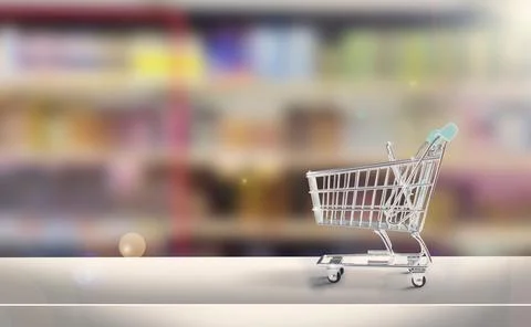 3D render of a small gray shopping cart on a blurred store background Illustrazione stock