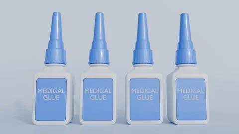 A 3D render of a small, white plastic bottle labeled "MEDICAL GLUE" Stock Illustration