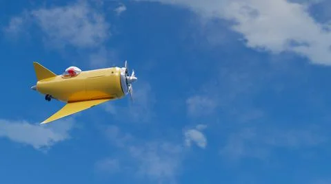 3D render of small yellow airplane flying in the blue sky. Place for your text Stock Illustration