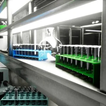 3D render of smart lab featuring sterile glass vials, test tubes, close up Illustrazione stock