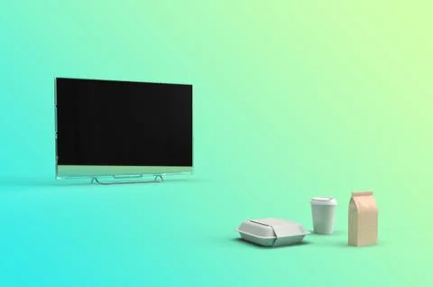 3d render of a smart television with take out lunch food packet, coffee mug and Stock Illustration