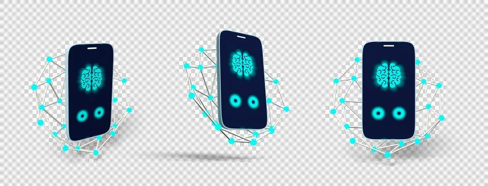 3D render of smartphone with AI brain on screen and neural network Stock Illustration