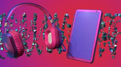 3D Render, smartphone and headphone, with abstract accessories Stock Illustration