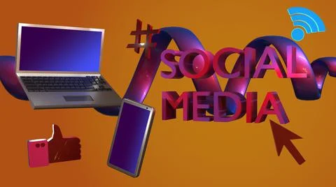 3D Render, smartphone and laptop with social media icon and text Stock Illustration