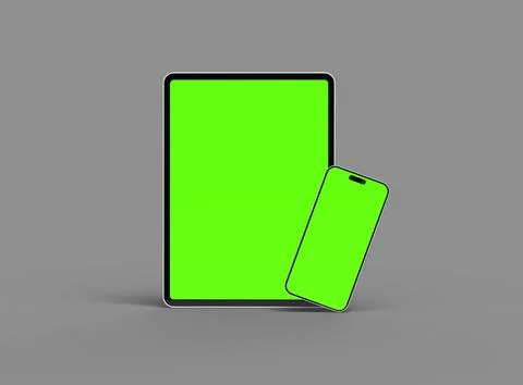 3d render of smartphone and tablet with a green screen on a dark background Stock Illustration