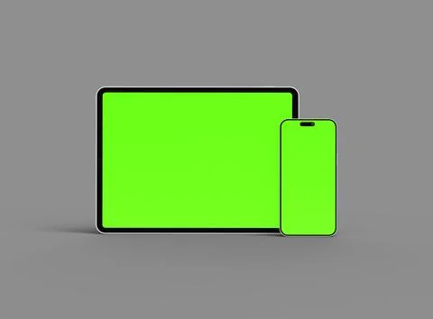 3d render of smartphone and tablet with a green screen on a dark background Stock Illustration