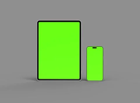 3d render of smartphone and tablet with a green screen on a dark background Illustrazione stock