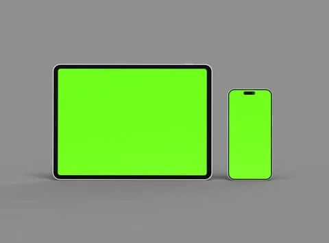 3d render of smartphone and tablet with a green screen on a dark background Stock Illustration