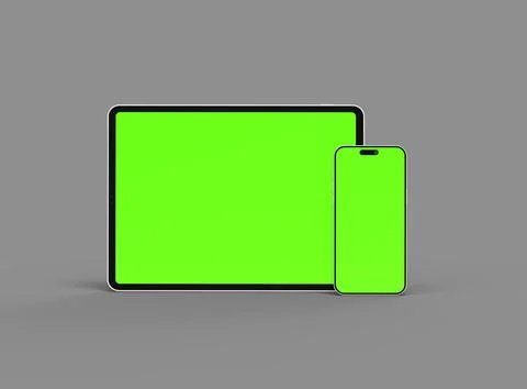 3d render of smartphone and tablet with a green screen on a dark background Stock Illustration