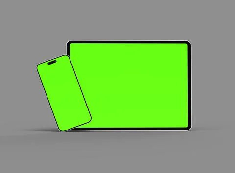 3d render of smartphone and tablet with a green screen on a dark background Stock Illustration