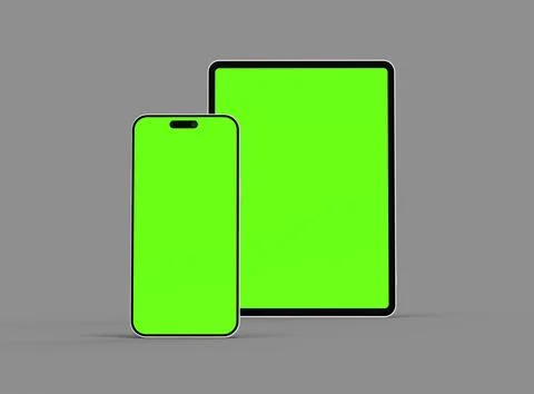 3d render of smartphone and tablet with a green screen on a dark background Stock Illustration