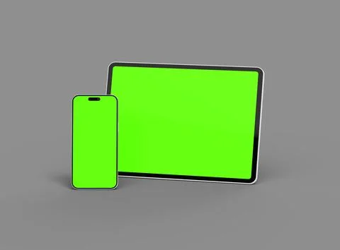 3d render of smartphone and tablet with a green screen on a dark background Stock Illustration