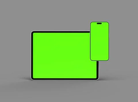 3d render of smartphone and tablet with a green screen on a dark background Stock Illustration