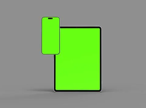 3d render of smartphone and tablet with a green screen on a dark background Stock Illustration