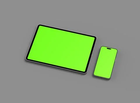 3d render of smartphone and tablet with a green screen on a dark background Stock Illustration