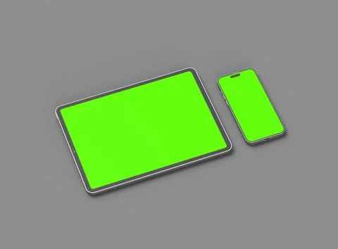 3d render of smartphone and tablet with a green screen on a dark background Stock Illustration