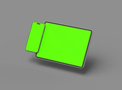 3d render of smartphone and tablet with a green screen on a dark background Stock Illustration