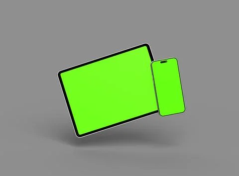 3d render of smartphone and tablet with a green screen on a dark background Stock Illustration