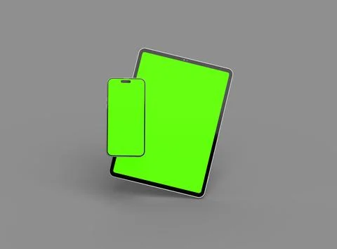 3d render of smartphone and tablet with a green screen on a dark background Stock Illustration