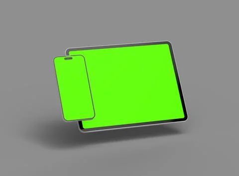 3d render of smartphone and tablet with a green screen on a dark background Stock Illustration