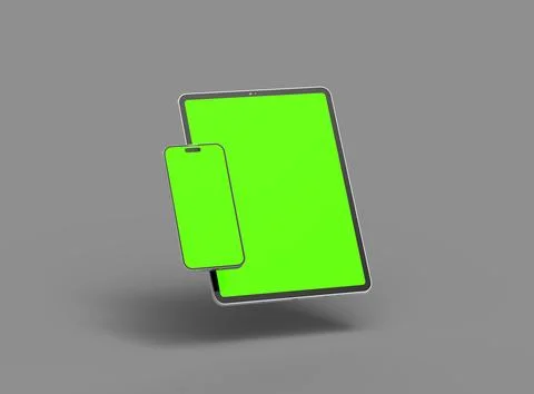 3d render of smartphone and tablet with a green screen on a dark background Stock Illustration