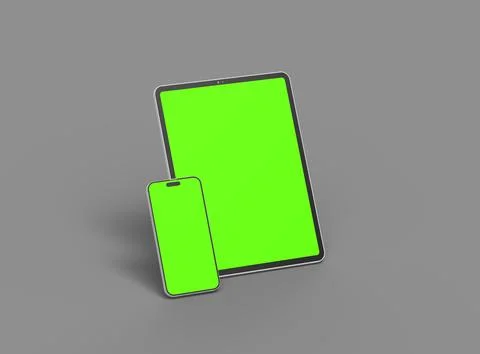 3d render of smartphone and tablet with a green screen on a dark background Stock Illustration