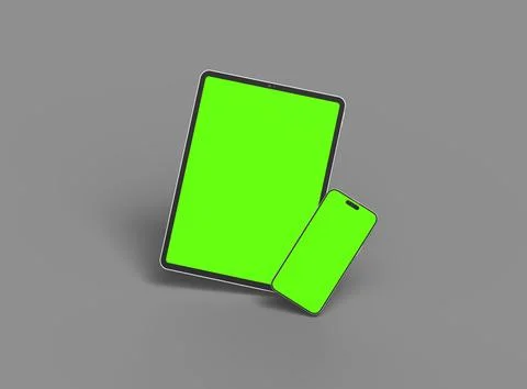 3d render of smartphone and tablet with a green screen on a dark background Stock Illustration