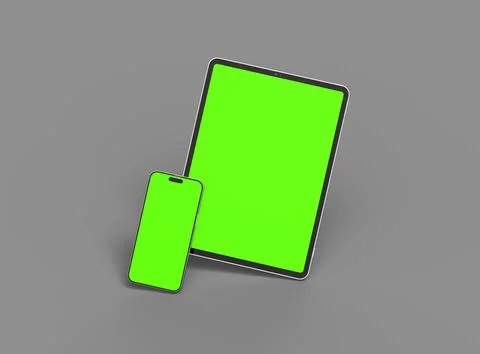 3d render of smartphone and tablet with a green screen on a dark background Stock Illustration