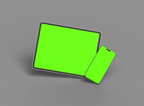 3d render of smartphone and tablet with a green screen on a dark background Stock Illustration