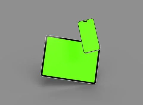3d render of smartphone and tablet with a green screen on a dark background Stock Illustration