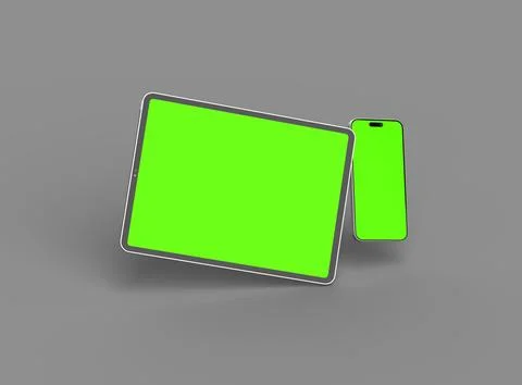3d render of smartphone and tablet with a green screen on a dark background Illustrazione stock
