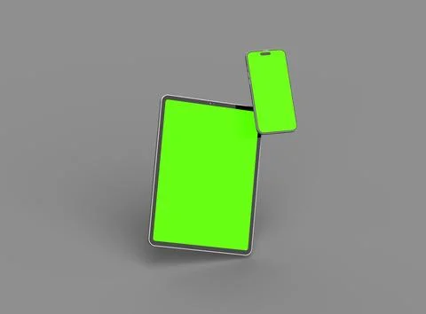 3d render of smartphone and tablet with a green screen on a dark background Stock Illustration