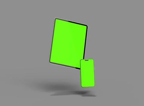 3d render of smartphone and tablet with a green screen on a dark background Stock Illustration