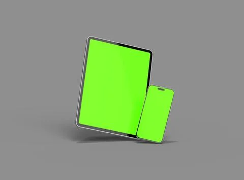 3d render of smartphone and tablet with a green screen on a dark background Stock Illustration