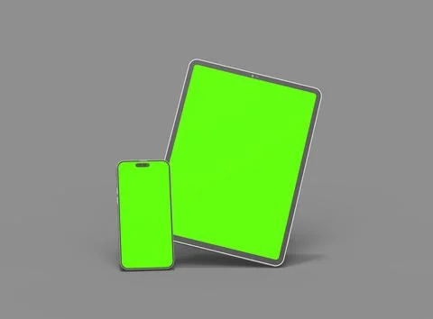 3d render of smartphone and tablet with a green screen on a dark background Stock Illustration